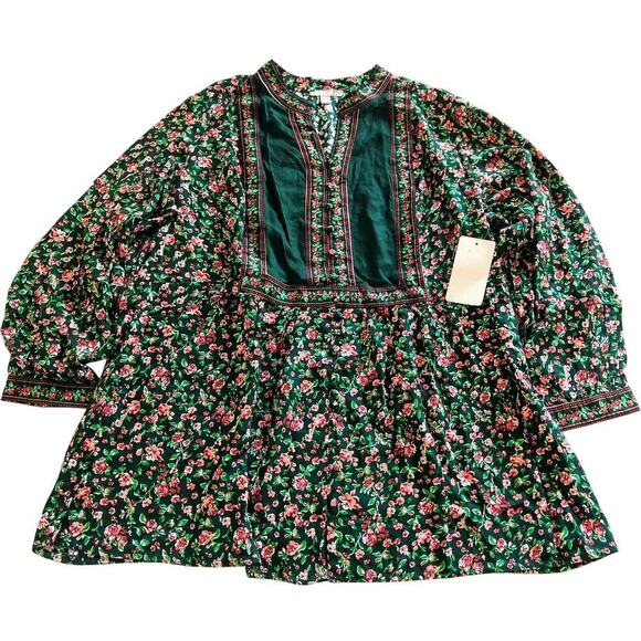 Woman Within Button Front Mixed Print Tunic Plus Size 1X 22/24 NWT Green Floral - Picture 2 of 7